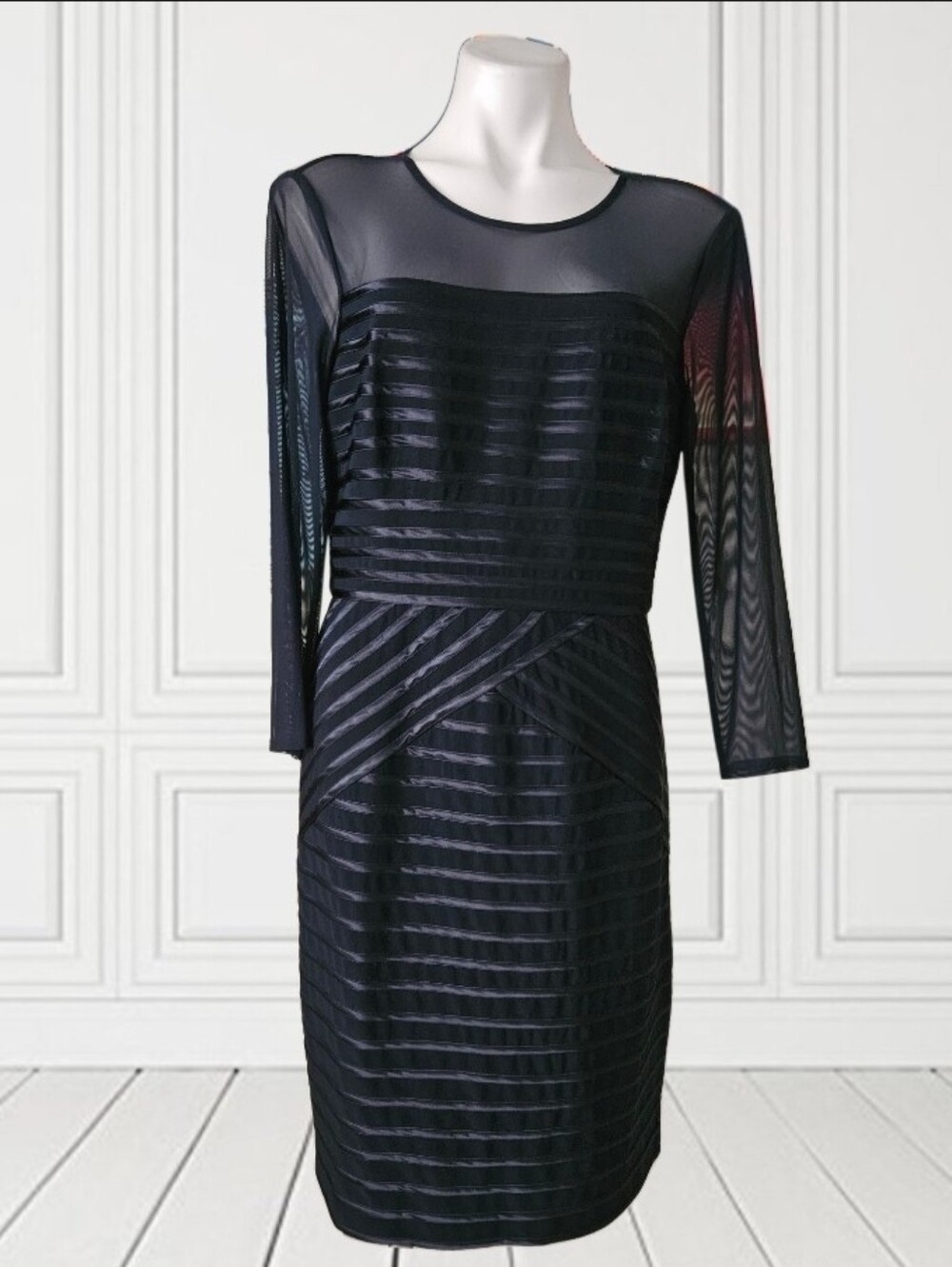 Adrianna  Papell Sheer Yoke Navy Stripe Midi Dress Size 10